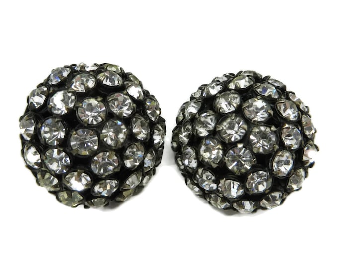 Sandor Rhinestone Button Earrings - Vintage Black Domed Rhinestone Button Clip-on Earrings