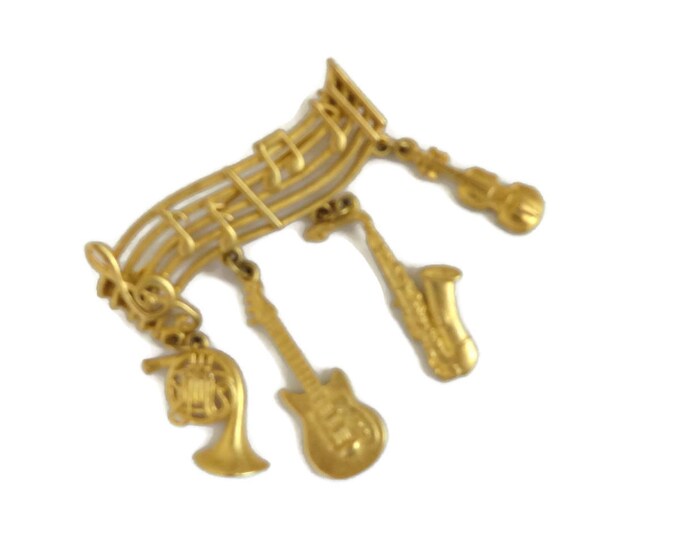 JJ Musical Bar Brooch, Vintage Gold Tone Musical Bar Dangling Charms Pin, Gift for Her