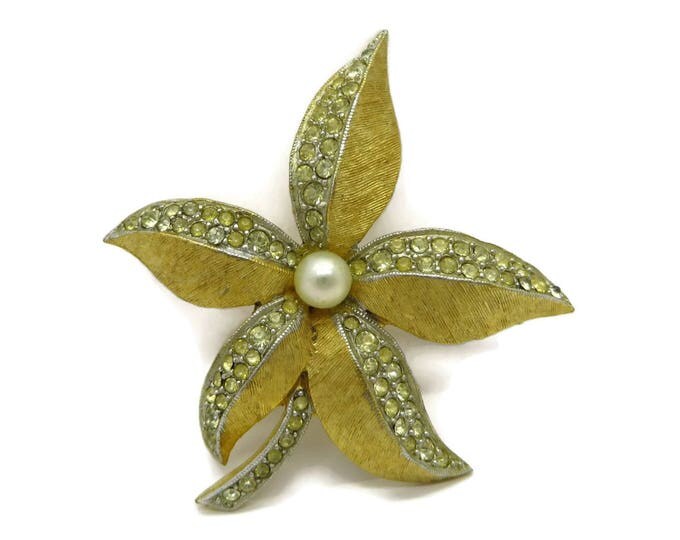 Vintage Poinsettia Brooch - Signed Weiss Faux Pearl Gold Tone Brooch, Gift for Her