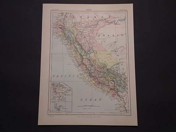 130 years old map of Peru original 1883 antique print