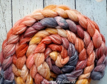 BFL/ Seacell 'Maple Leaves' 4 oz hand dyed roving Created by Elsie B Blue Faced Leicester spinning fiber, wool roving by the pound, orange