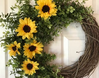 SUNFLOWER WREATH,Sunflower,Summer Wreath,Chevron Wreath,Front Door Wreath, Burlap Wreath, Grapevine Wreath,Fall Wreath,Year Round Wreath