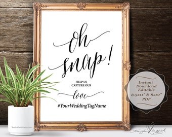 Oh Snap Wedding Hashtag Sign, instant download editable PDF template sign, Rustic wedding social media sign wedding decor (TED351_1)