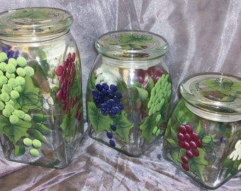 Hand painted, Multi colored Grapes, 3 piece canister set.
