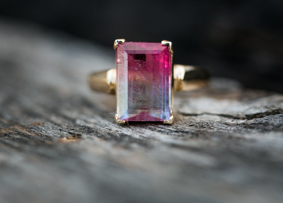 Bi Color Tourmaline 14k Gold Ring size 8 5.2 carat Pink and