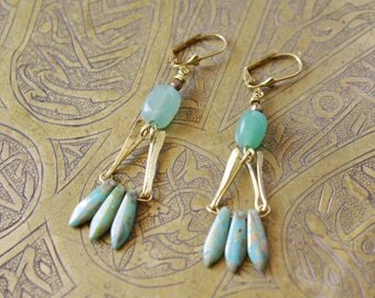 Art deco turquoise - brass and aventurine - Brass earrings earrings