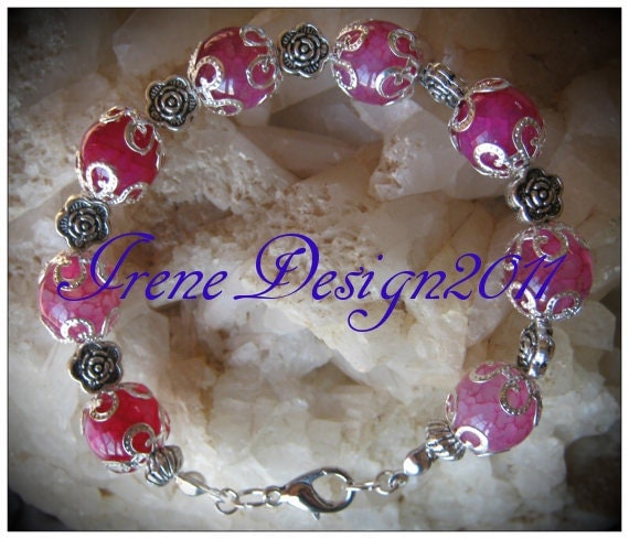 Handmade Silver Bracelet with Pink Dream Dragon Vein Agate & Roses by IreneDesign2011