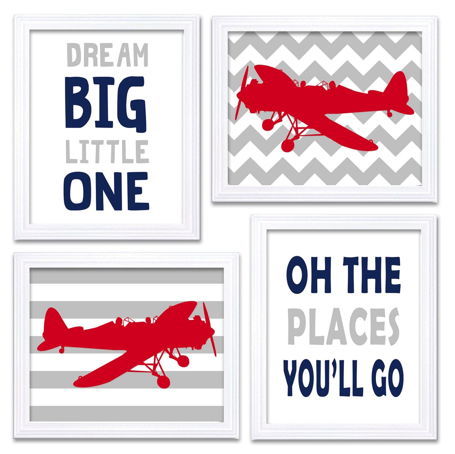 Airplane Plane Nursery Art Red Navy Blue Grey Nursery Print Set of 4 Transportation Dream Big Little