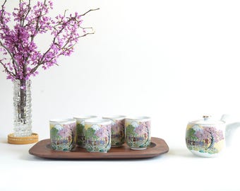 Vintage Japanese Tea Set Teapot 5 Cups Mt Fuji Japanese Cherry Trees Royal Army Side Pour Tea Pot Japanese Porcelain Unusual Tea Set