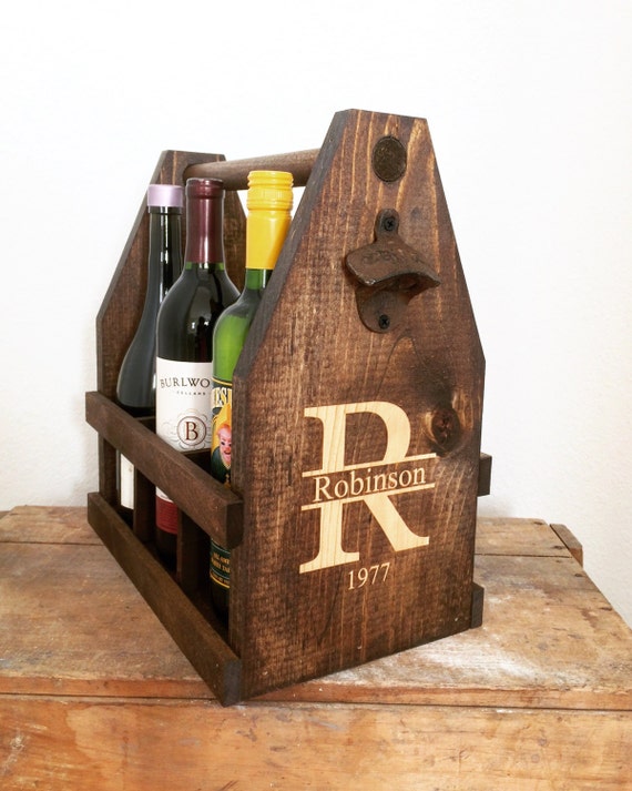 6 Bottle Monogram Wooden Wine Caddy 750mL Beer Tote Wood