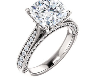 Bague de fiançailles Moissanite Vintage | Taille 9mm coussin toujours un | Bague de fiançailles en platine | Bague de fiançailles en éthique