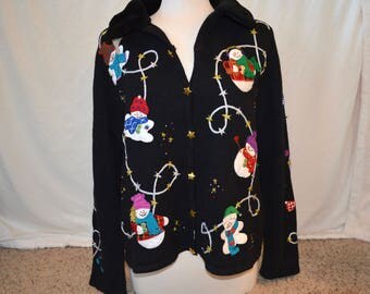 XL, vintage, Sexy, Ugly Christmas Sweater, Vintage with partying snowmen, faux fur collar, grandma sweater, ugly sweater party gold buttons