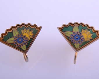 Cloisonné 1950's Fan Screw On Earrings (867g)