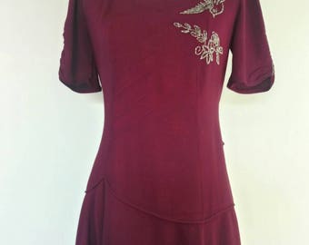 1940s Burgundy Dress Gown Beaded bird crepe 40s formal dress cut steel beading size M/L