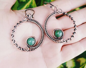 Green jade hoop earrings copper wire earrings wire wrapped jewelry earrings jade hoops copper, jade jewelry, copper wire hoops wire