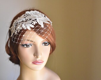 Bridal Headband, Birdcage Veil Ivory, Birdcage veil headband, Lace Headband, Ivory Birdcage veil, Lace wedding veil, Blusher veil