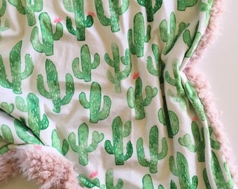 Watercolor cactus Minky Baby blanket, cactus bedding floral nursery gold nursery, double minky, blush pink, cacti