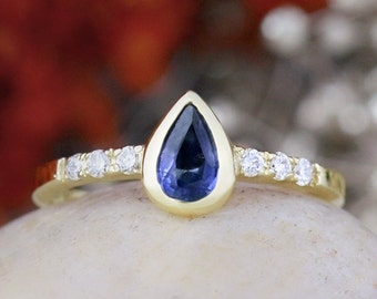 Blue Sapphire Engagement Ring | Bezel Centerstone | Prong Setting | Polished Finish | Solid 14K Gold | Fine Jewelry | Free Shipping