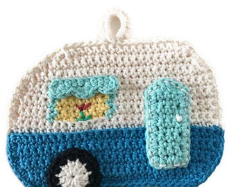 Camper Potholder,RV Pot Holder,Crochet Trivet,Glamping,Travel Trailer, Airstream,Shasta, Kitchen Decor,Housewarming,Shower Gift for Her