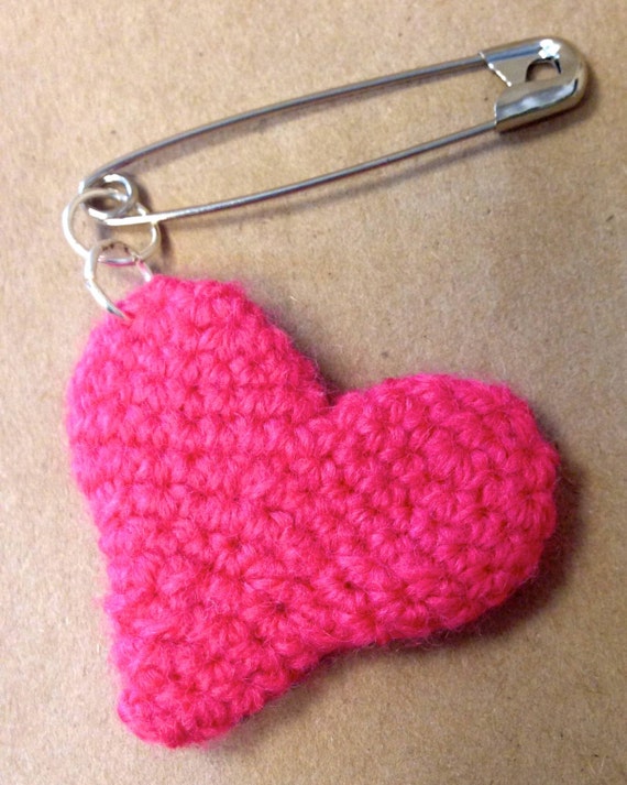 Hot Pink Heart Safety Pin Brooch Crocheted Heart