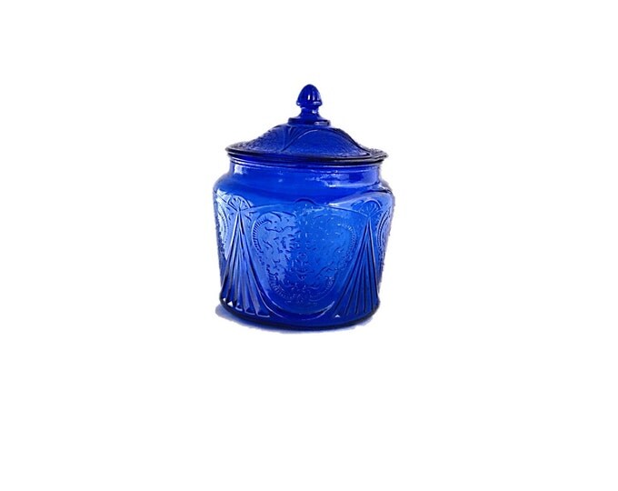 Vintage Cookie Jar with Lid - Royal Lace Cobalt Blue by Hazel-Atlas - Antique Cobalt Blue Cracker Barrel - Depression Glass Biscuit Jars