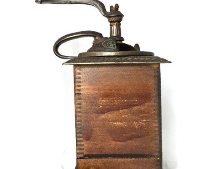 Antique COFFEE GRINDER Wooden Base with Door and Tray - Iron Top Handle and Crank - Vintage Home Decor,