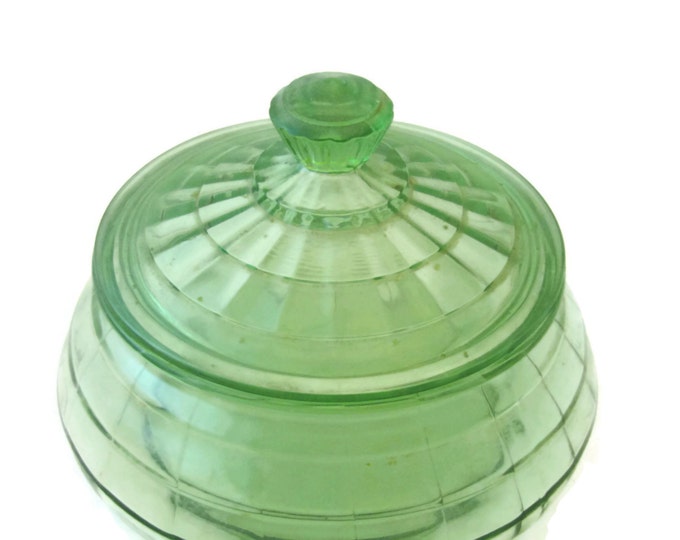 Green Depression Glass Lidded Candy Dish / Colonial Hazel Atlas Block Optic Candy Dish / Uranium Depression Glass / Many Windows Mom Teen