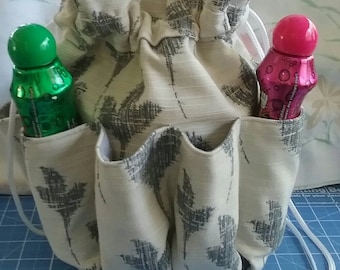 Bingo bag upholstery fabric Drawstring ivory with leaves 10" tall with 9 pockets for daubers/good luck bag/gaming bag, very durable bag