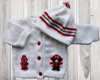 Personalized Fireman Firetruck Knitted Baby Button Up Sweater Cardigan 6 months and 12 months