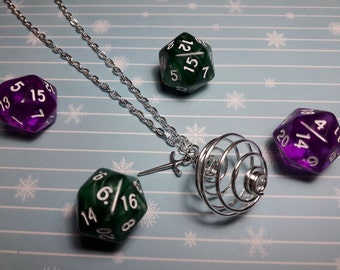 Caged D20 Dice Charm Necklace