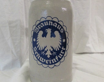 Stein, Salt Glaze, Grey with Blue, One Liter, Brauhaus Schweinfurt, Germany, 1980's