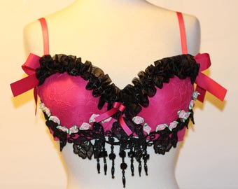 Sexy Rave Bra Top Burlesque Pinup Pin Up Burning Man Belly Dance Clubwear Kawaii Hot Pink Black Ruffles Bows Lace Beads Beaded 36C 38B 38C
