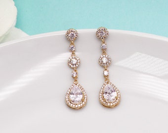 Gold Wedding earrings, Gold bridal earrings, tear drop pear cubic zirconia earrings dangle earring, Wedding earrings 469735376