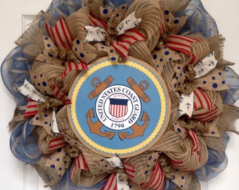 Coast Guard Handmade Deco Mesh Burlap Wreath