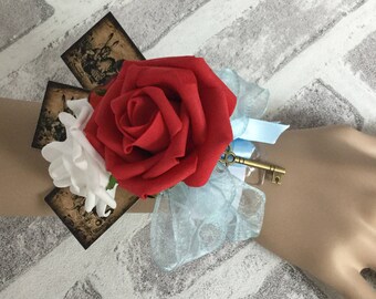 Alice In Wonderland Wrist Corsage, Alice wedding bracelet, white and red corsage, Lewis Carroll wedding theme, Alice in the Looking Glass