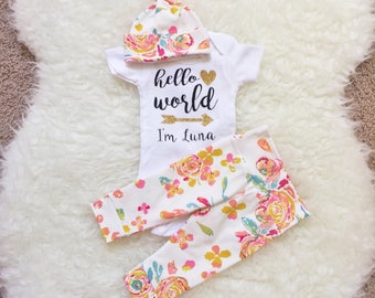 Going Home Outfit, Hello World, Newborn Set, Personalized Bodysuit, Going Home Outfit Baby Girl, Newborn Going Home Outfit Girl