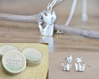 SET***Origami Fox Necklace and Earrings, Matching Set, Origami Animal Jewelry, Origami Jewelry, Jamber Jewels 925 ***SET***