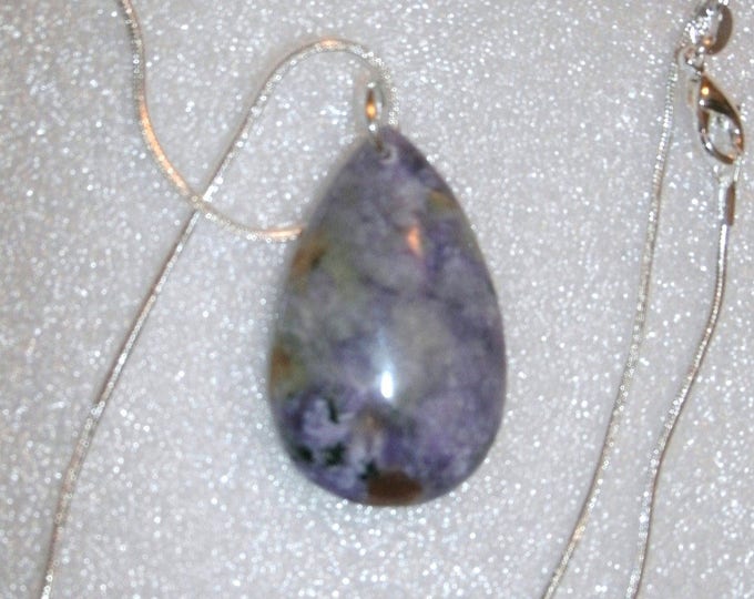 CHAROITE Stone Necklace, SALE! teardrop shape pendant, natural Charoite stone, purple colors, 925 St. Silver chain, gift for her, jewelry
