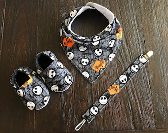 Jack Skellington // Nightmare before Christmas baby bandana bib // pacifier clip // crib shoes