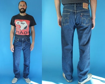 Levis 501 30" Dark Wash Denim Jeans, Men's Levis Jeans Size 30, Levis 501 Size 30, 90s Levis 501s Distressed Jeans, Raw Hemline 501 Jeans 30