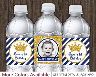Prince Water Bottle Labels - Printable Royal Blue and Gold Birthday Party Decorations - DIY Digital File