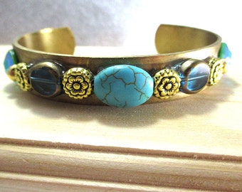 Brass Cuff Bracelet, Beaded Cuff Bracelet Brass and Turquoise Bracelet