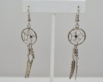 Silver Tone Etched Feather Loop Circle Bead Dangle Hook Earrings