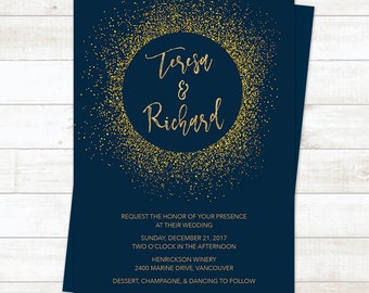 Navy Gold Wedding Invitation, Wedding Invitation Printable, Navy Gold Wedding, Gold Glitter Wedding Invitation Template