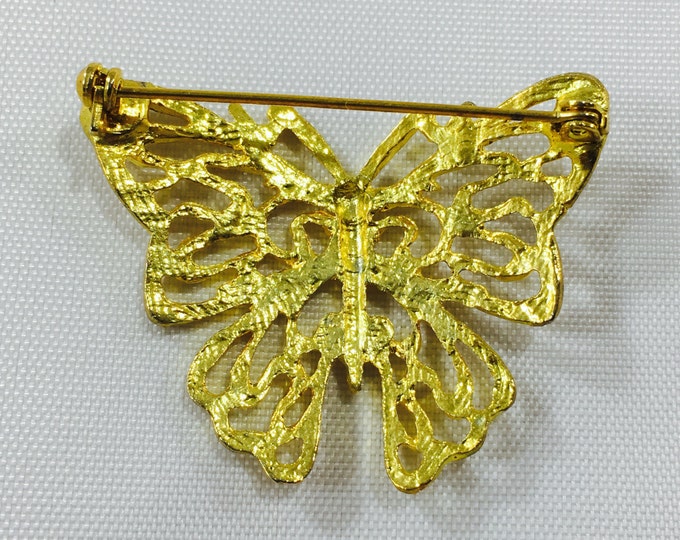 Storewide 25% Off SALE Vintage Gold Tone Open Winged Designer Butterfly Brooch Pin Featuring High Gloss Design Finish