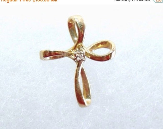 Storewide 25% Off SALE Beautiful Vintage Sold 14k Gold Designer Cross Pendant Featuring Looped Design & Center Cut Diamond Stone Focal