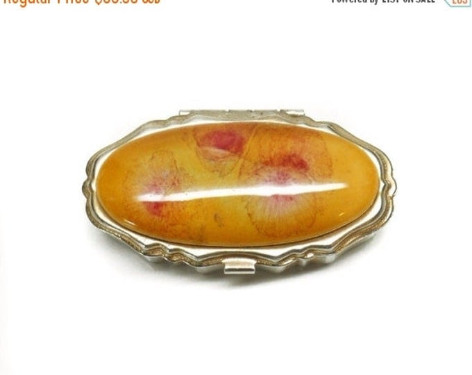 Storewide 25% Off SALE Vintage Silver Tone Lidded Poppy Floral Designer Pill Case Featuring Elegant Amber Colored Dome Design