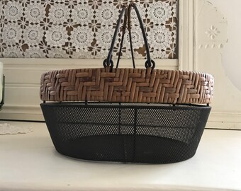 VIntage Primitive Farmhouse Wire Mesh and Woven Wood Basket