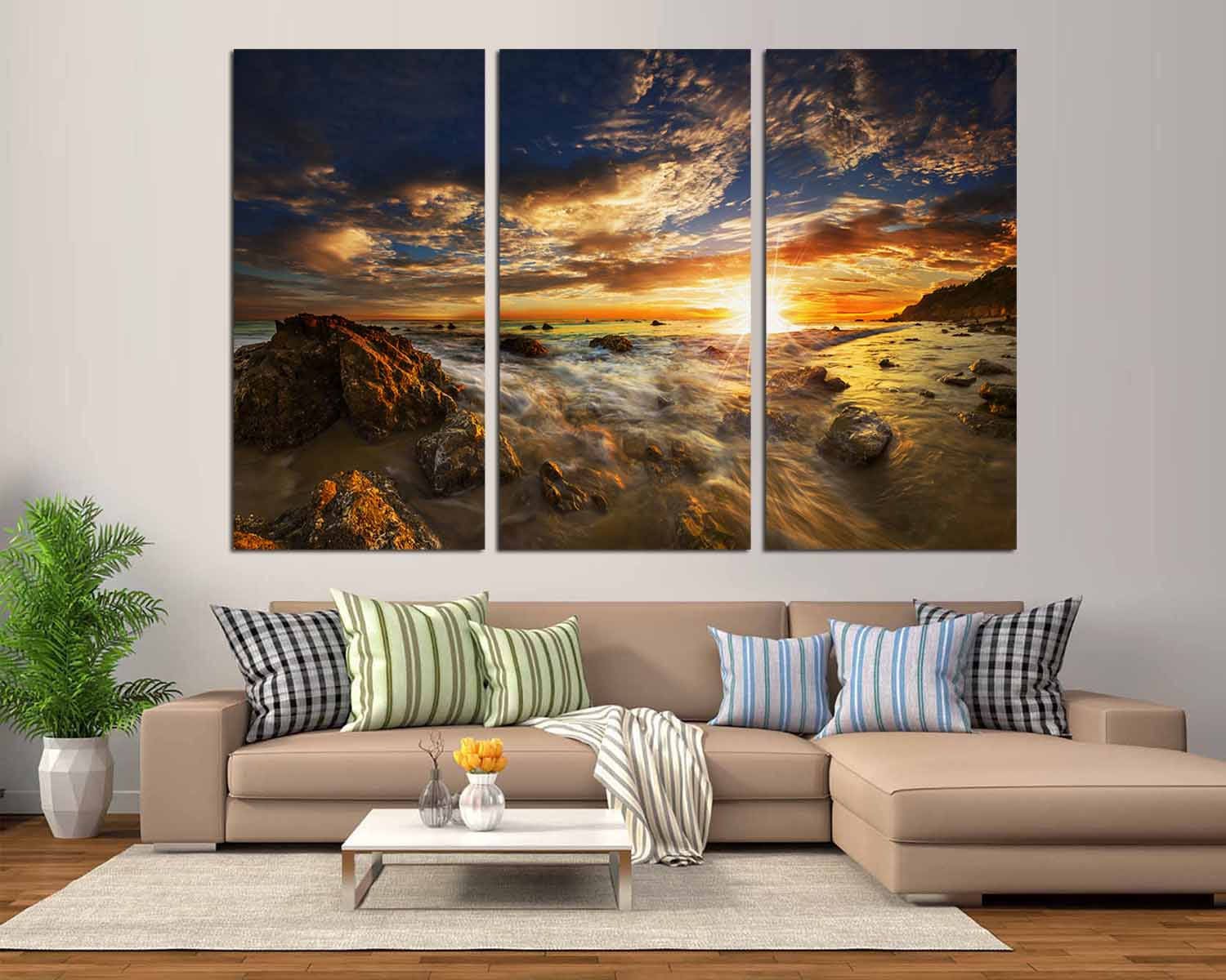 Beach during Sunset 3 Panel Split Sunset wall art Yellow and