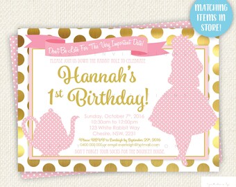 Alice in Wonderland Birthday Invitation, alice in wonderland, pink and gold first birthday invitation, alice in wonderland invitation